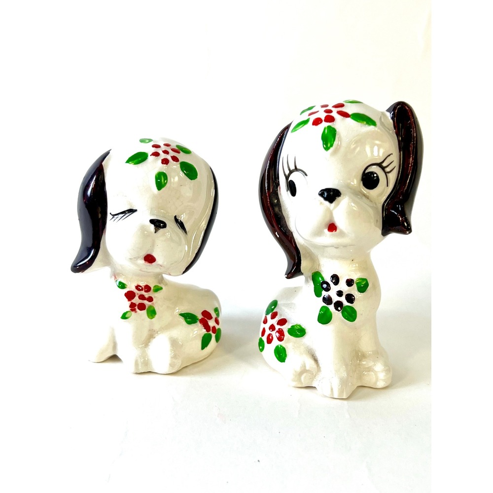 Vintage Japan Ceramic Puppy Dog Salt and Pepper Shakers Floral Kitsch Set